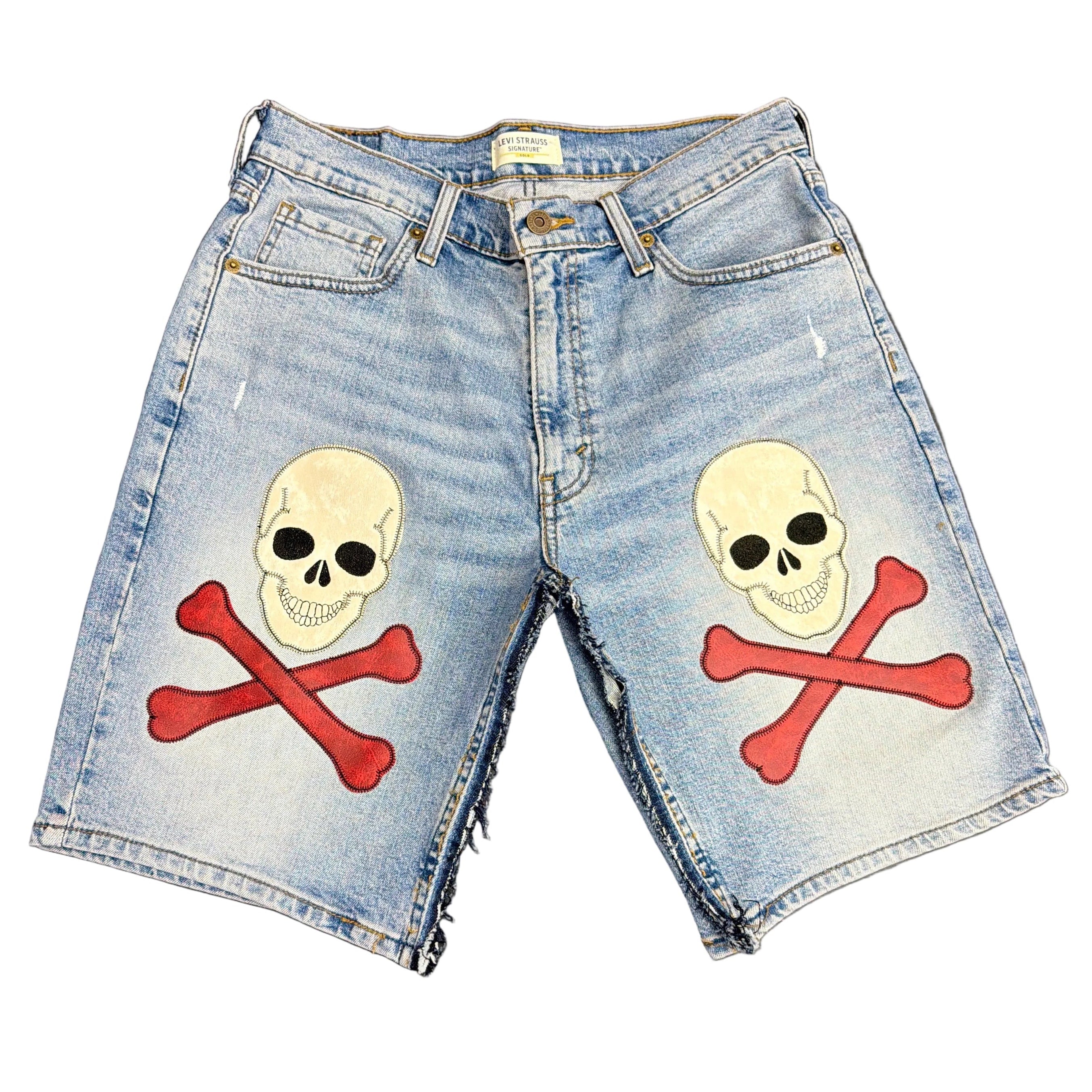 Dead Lonely Red Skull&Bone Denim Shorts