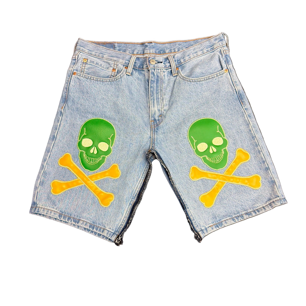 Dead Lonely Green Skull&Bone Denim Shorts