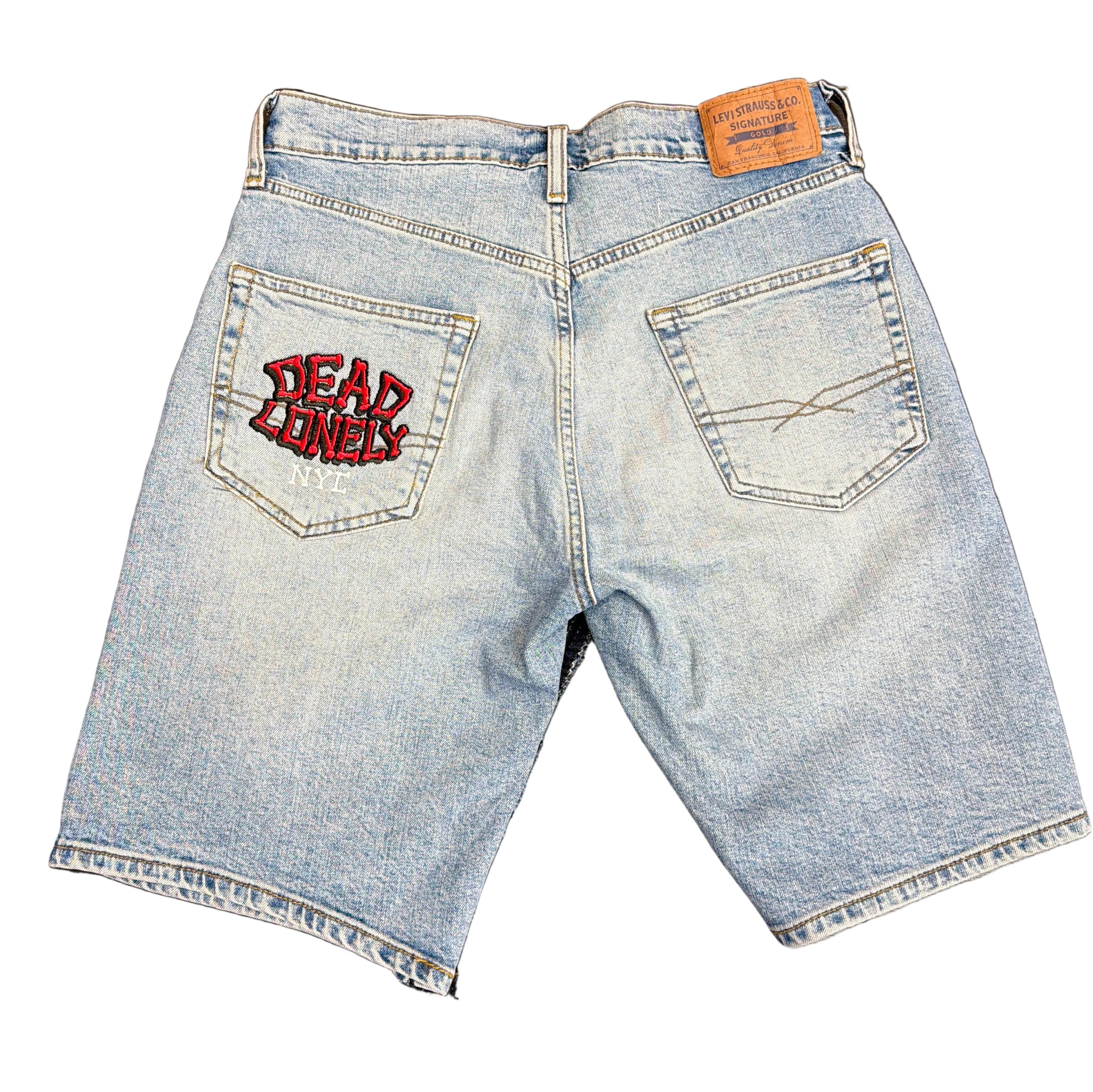 Dead Lonely Red Skull&Bone Denim Shorts