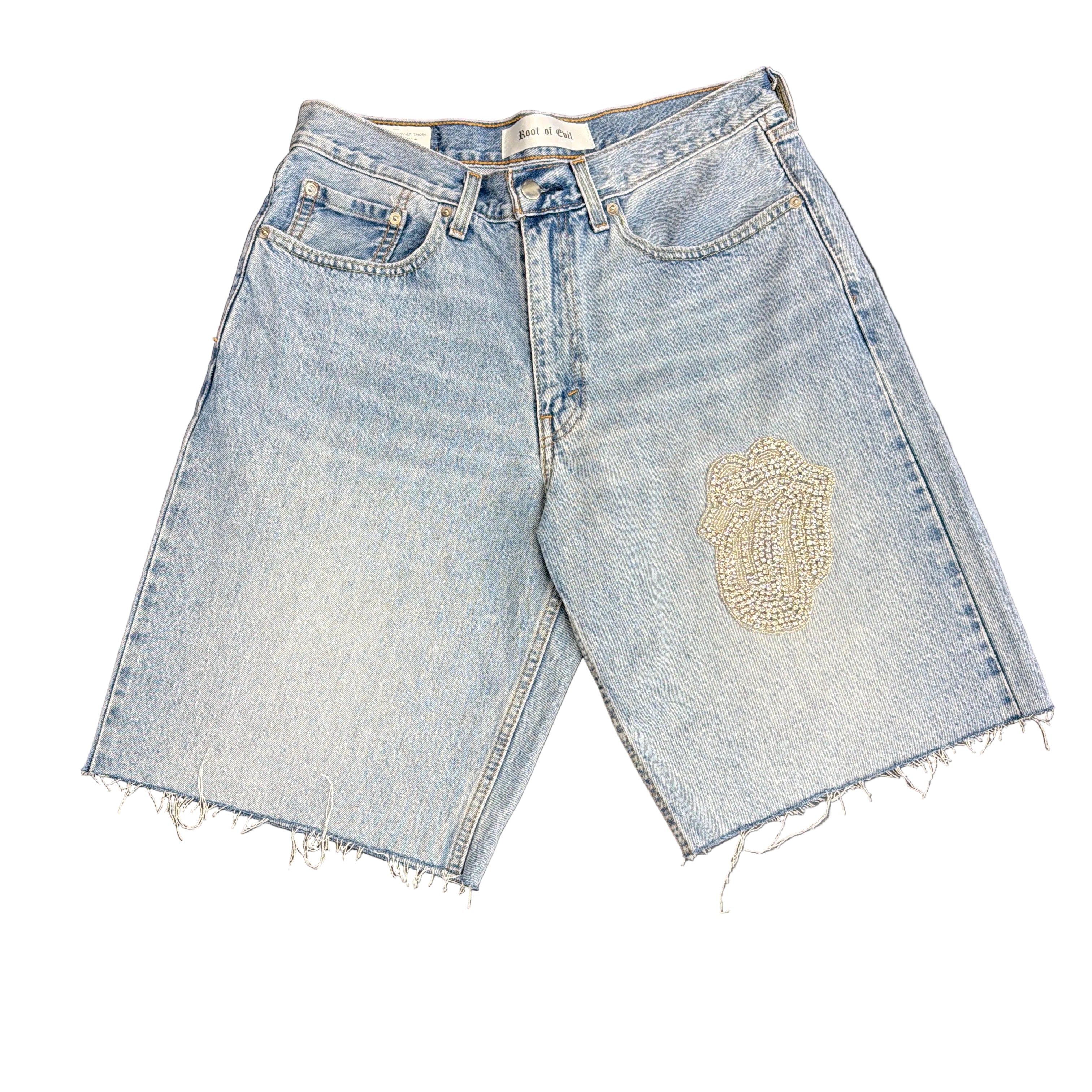 Root Of Evil Basic Bling Tongue Denim Shorts