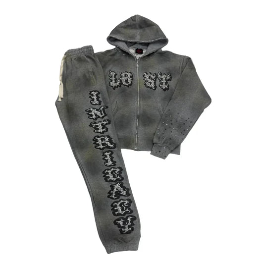 Lost Intricacy Rhinestone Patch Sweatsuit