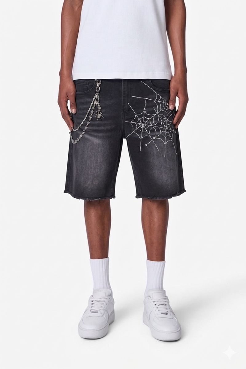 Kilogram Web Embroidery Rhinestone Stud Denim Shorts
