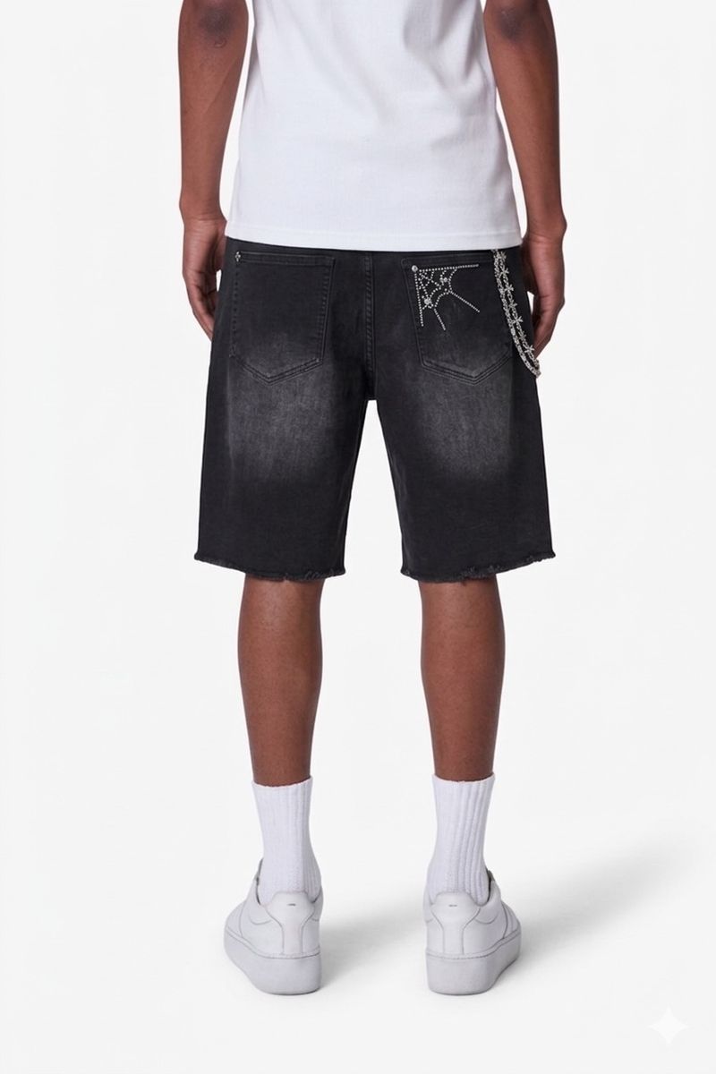 Kilogram Web Embroidery Rhinestone Stud Denim Shorts