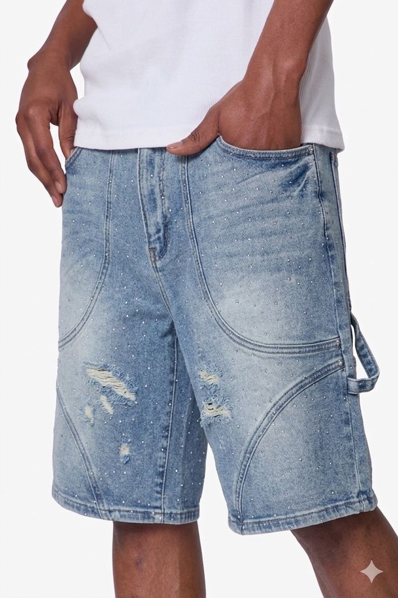 Kilogram Rhinestone Burst Carpenter Denim Shorts