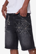 Kilogram Web Embroidery Rhinestone Stud Denim Shorts