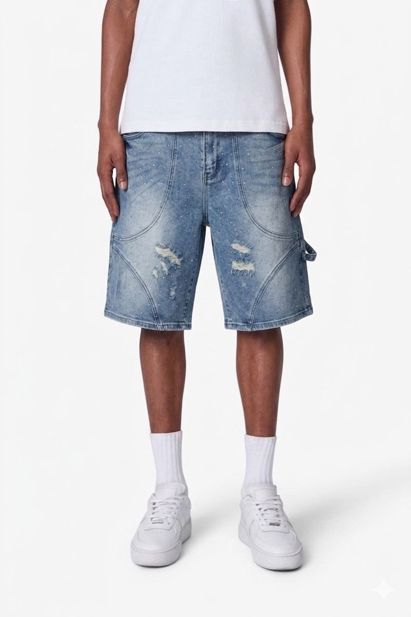 Kilogram Rhinestone Burst Carpenter Denim Shorts